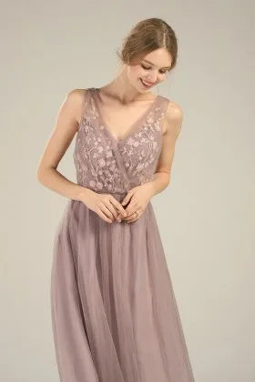 graceful v neck sleeveless tan lace tulle bridesmaid dress