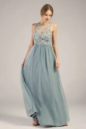 dusty blue illusion lace tulle a line bridesmaid dress