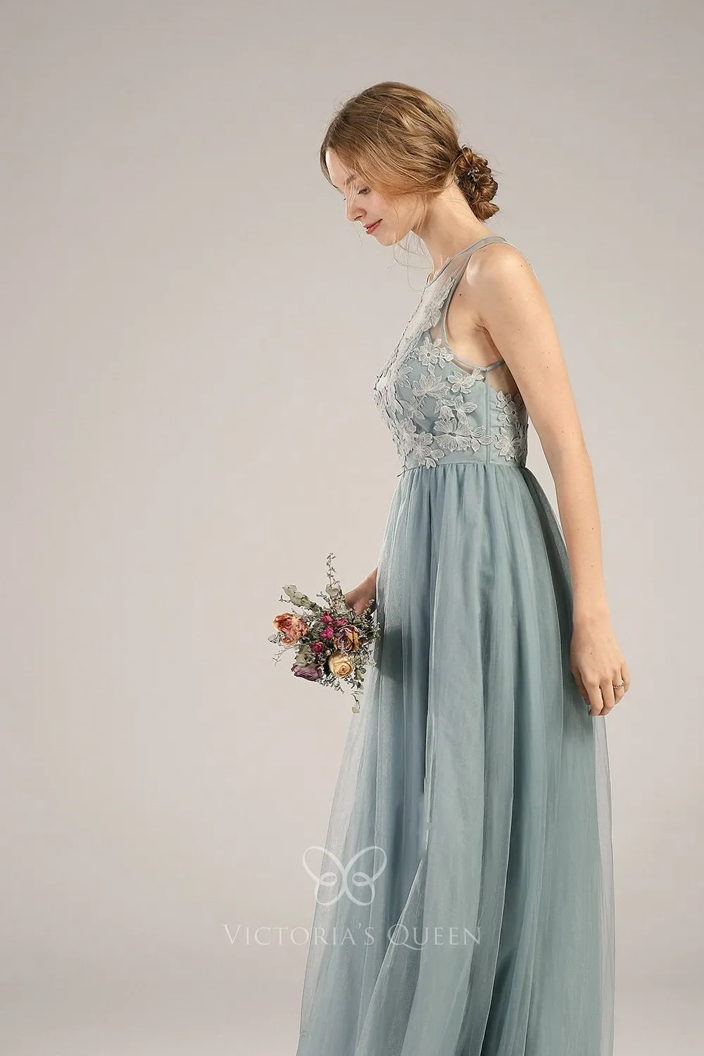Evening Formal Dress with Illusion Bodice Dusty Rose main image 0