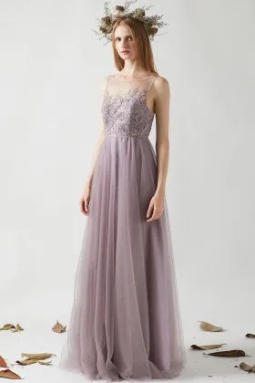 retro mauve lace tulle sleeveless sheer back bridesmaid dress