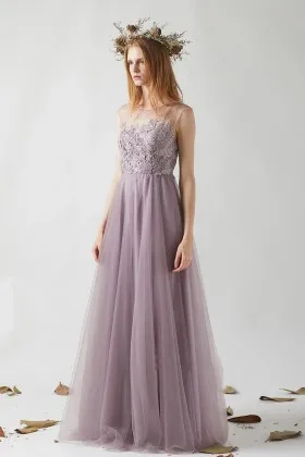 romantic mauve lace tulle illusion neck bridesmaid dress