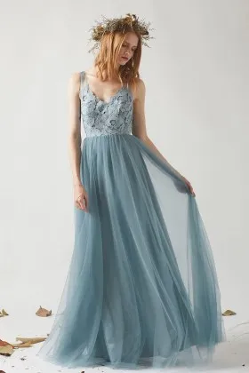 feminine dusty blue floral lace tulle bridesmaid dress