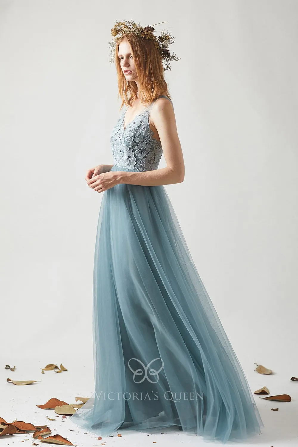 V-neck Tulle Floor Length Bridesmaid Dress Blue