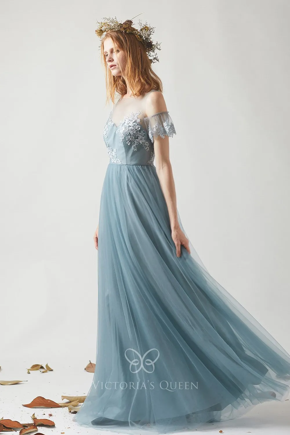 Red prom dress off shoulder party dress strapless evening dress lace tulle party dress sexy high slit formal dress,DS4434 main image 1