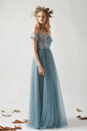 stunning cold shoulder dusty blue lace tulle party dress