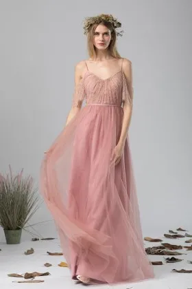 cold shoulder v neck dusty pink lace tulle bridesmaid gown