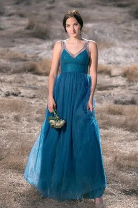 ink blue lace with tulle overlay a line bridal party dress