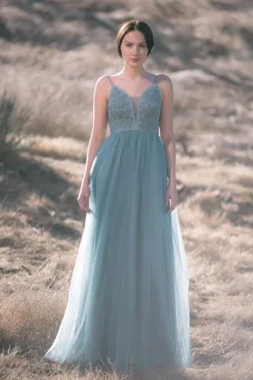 plunging neck dusty blue lace tulle a line bridesmaid gown