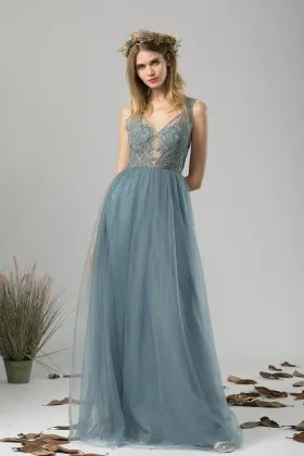 illusion lace embroidered bodice dusty blue bridesmaid dress