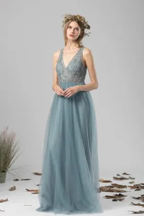 illusion lace tulle dusty blue open back bridesmaid dress