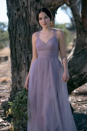 feminine wide lace straps mauve tulle a line bridesmaid gown