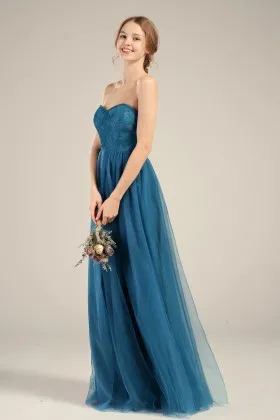ink blue lace and tulle strapless sweetheart bridesmaid gown