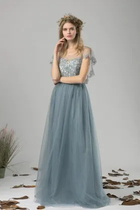 illusion lace tulle flutter sleeve dusty blue party dress