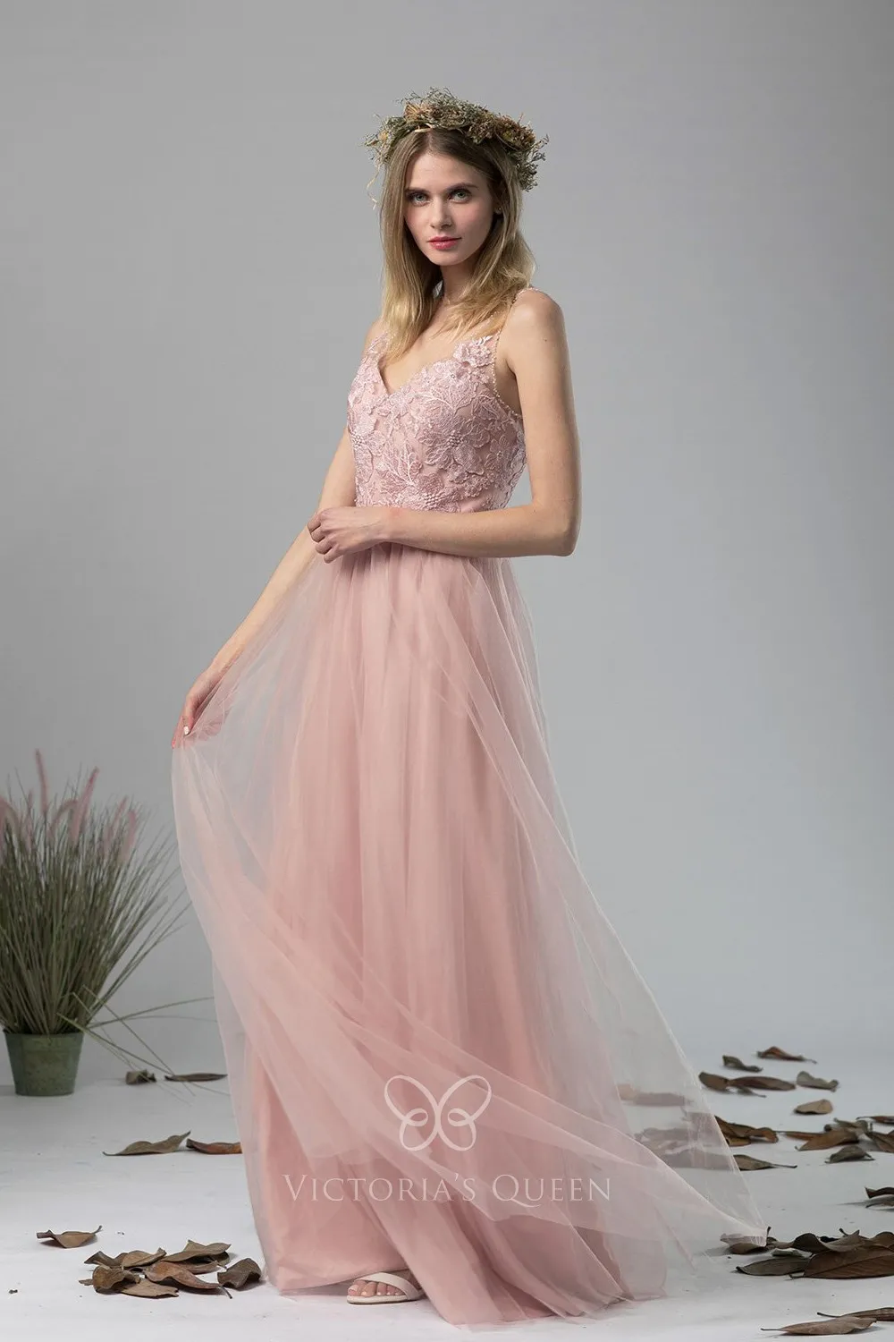 Elegant Blush Pink Lace and Tulle Aline Maid of Honor Dress VQ — free download