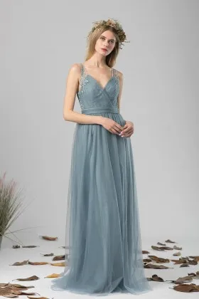 dusty blue lace applique tulle sheer straps bridesmaid dress