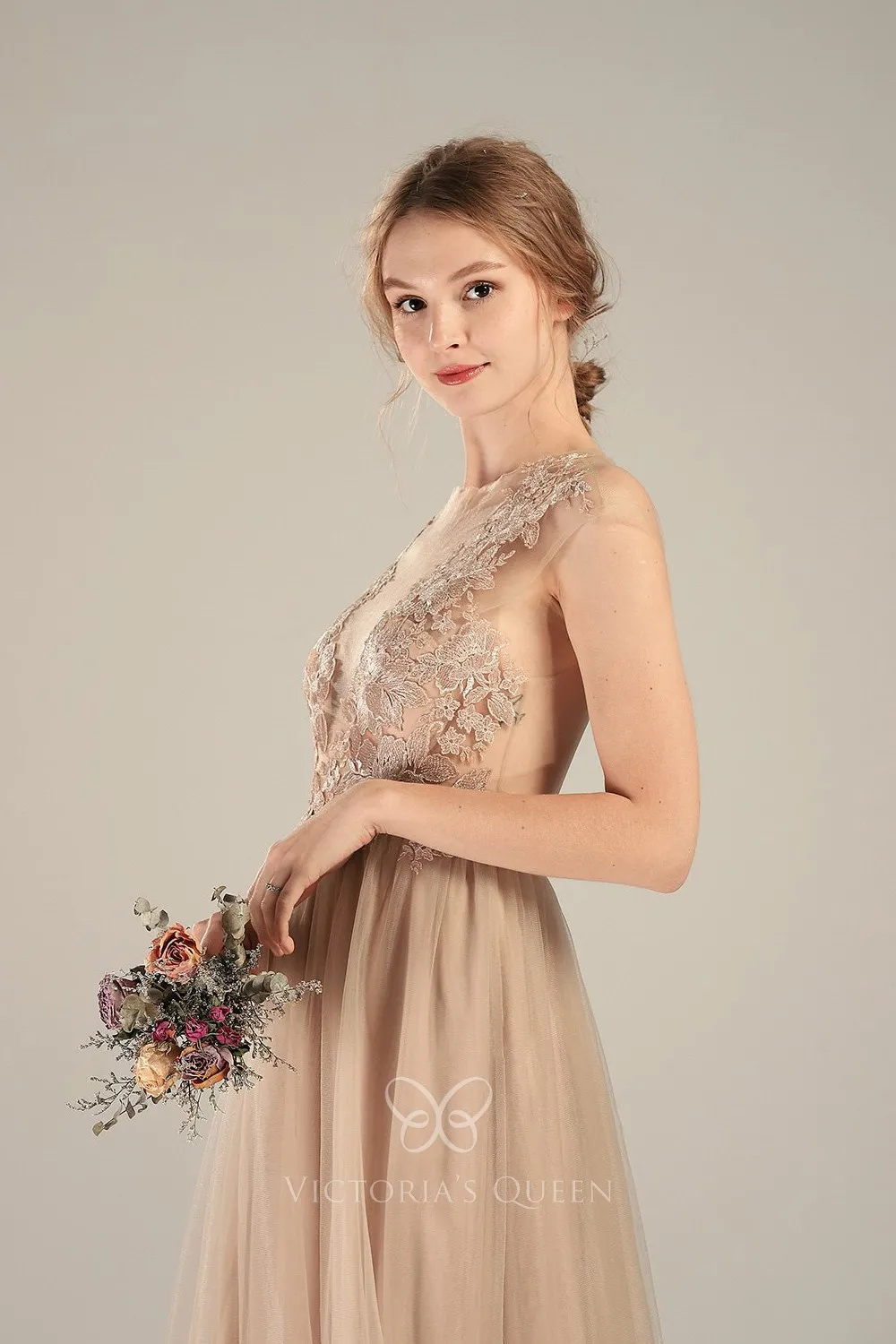 illusion floral lace and tulle nude bridesmaid dress illusion floral lace and tulle nude bridesmaid dress