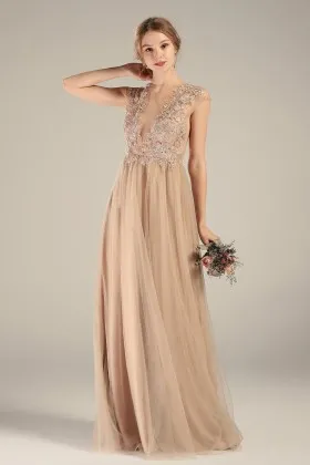 nude floral lace tulle sexy sheer back bridesmaid dress