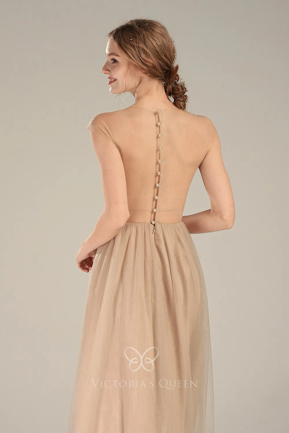 sheer low back nude A line bridesmaid dress sheer low back nude A line bridesmaid dress