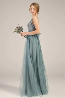 illusion neck sleeveless dusty blue bridesmaid dress
