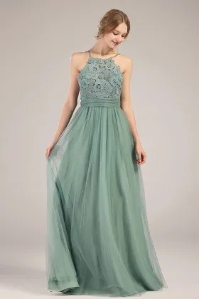 flirty spaghetti strap dusty green lace and tulle party gown