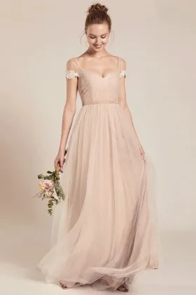 adorable cap sleeves pleated tulle open back bridesmaid gown