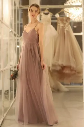 pleated nude tulle v neck strappy back maid of honor dress