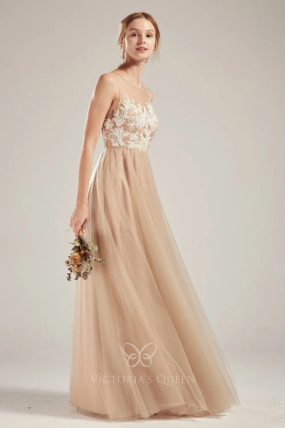 Illusion Neck Sleeveless A-line Nude Wedding Party Dress - VQ