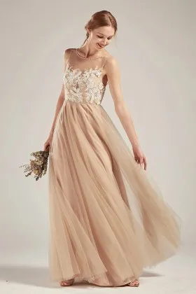 illusion neck sleeveless a line nude wedding party dress