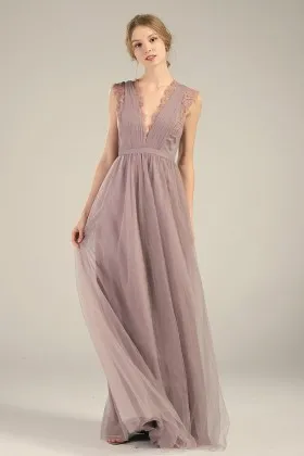 feminine lace trimmed v neck v back nude bridesmaid dress