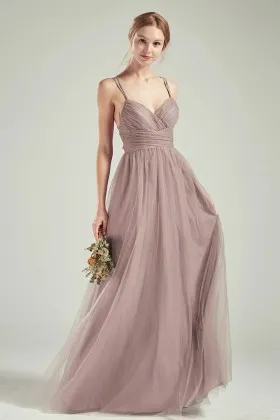 empire waist pleated tan tulle a line maid of honor dress