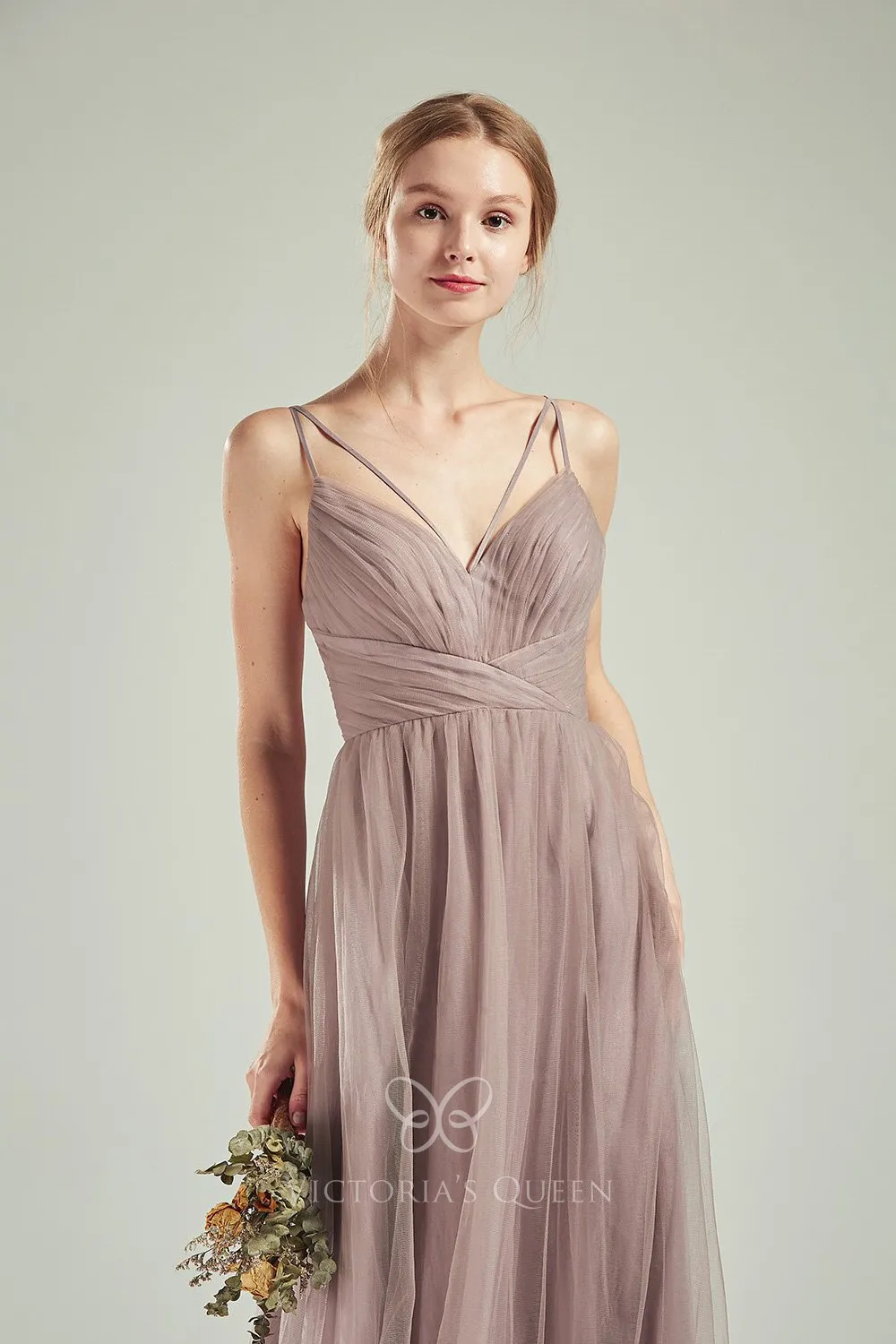 Airy Spaghetti Straps V Neck Tan Nude Tulle Bridesmaid Dress - VQ