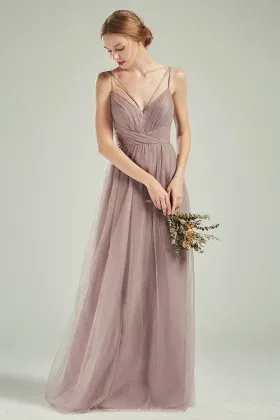 airy spaghetti straps v neck tan nude tulle bridesmaid dress