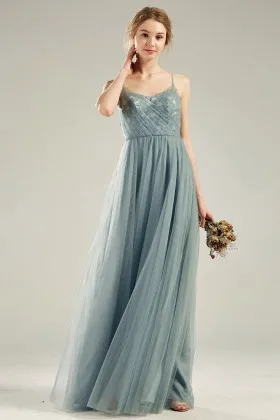 floral lace dusty blue tulle long bridesmaid dress