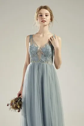 sexy lace embroidered sheer tulle a line bridesmaid dress
