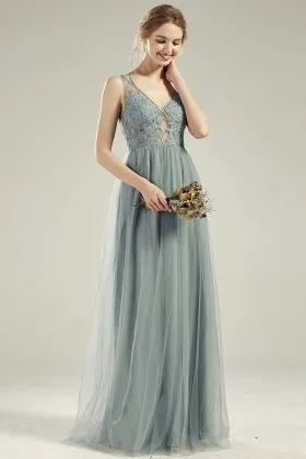 illusion lace tulle v neck seductive bridal party dress