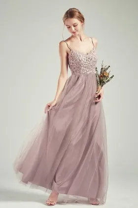 flattering tan nude lace tulle straps bridesmaid dress