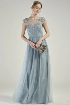 classic cap sleeves dusty blue lace tulle bridal party dress