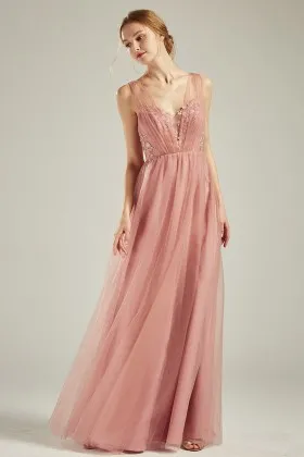 pink floral lace bodice tulle overlay a line bridesmaid gown
