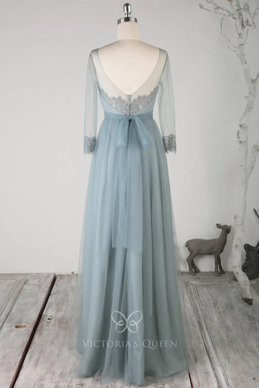 Long Tulle Dresses with Illusion Neckline Dusty Blue Plus Size