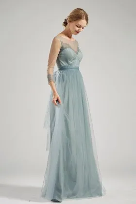 illusion sweetheart 34 sleeves dusty blue tulle party dress