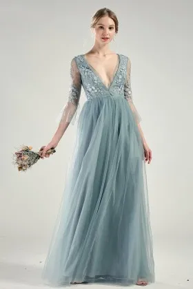 plunging v neck dusty blue lace tulle vintage party dress