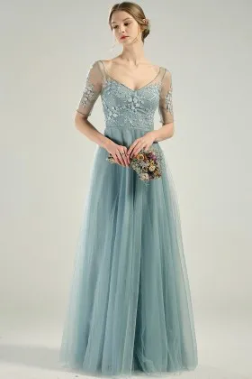 delicate lace and tulle dusty blue short sleeves bridesmaid dress
