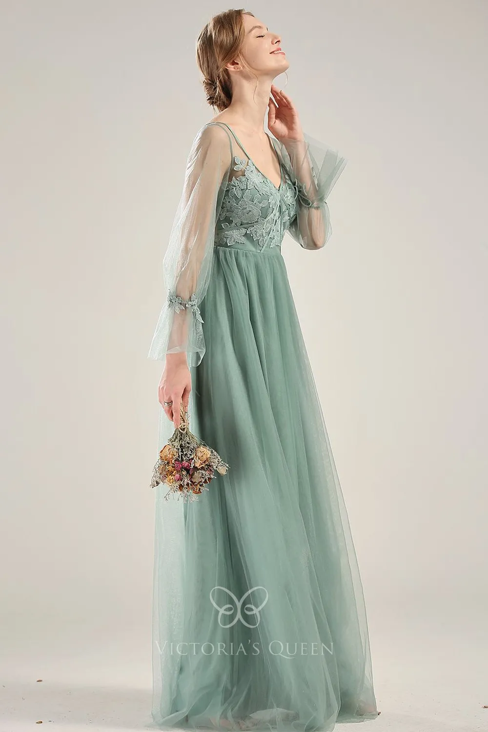 dusty green sheer puffy long sleeves bridesmaid dress dusty green sheer puffy long sleeves bridesmaid dress