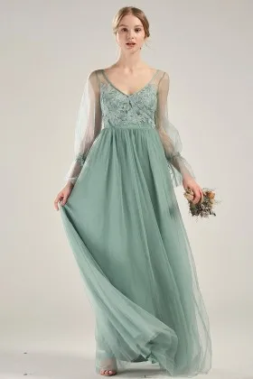 dusty green tulle lace sheer puffy long sleeves party dress