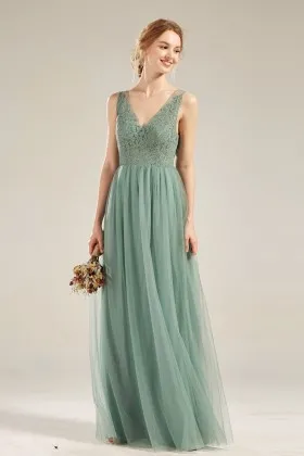 v neck dusty green lace tulle open back bridesmaid dress