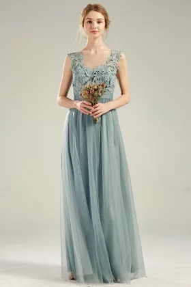 dusty blue floral lace tulle low v back bridesmaid dress
