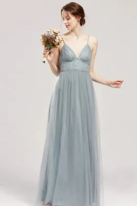 beaded spaghetti straps dusty blue tulle bridesmaid dress