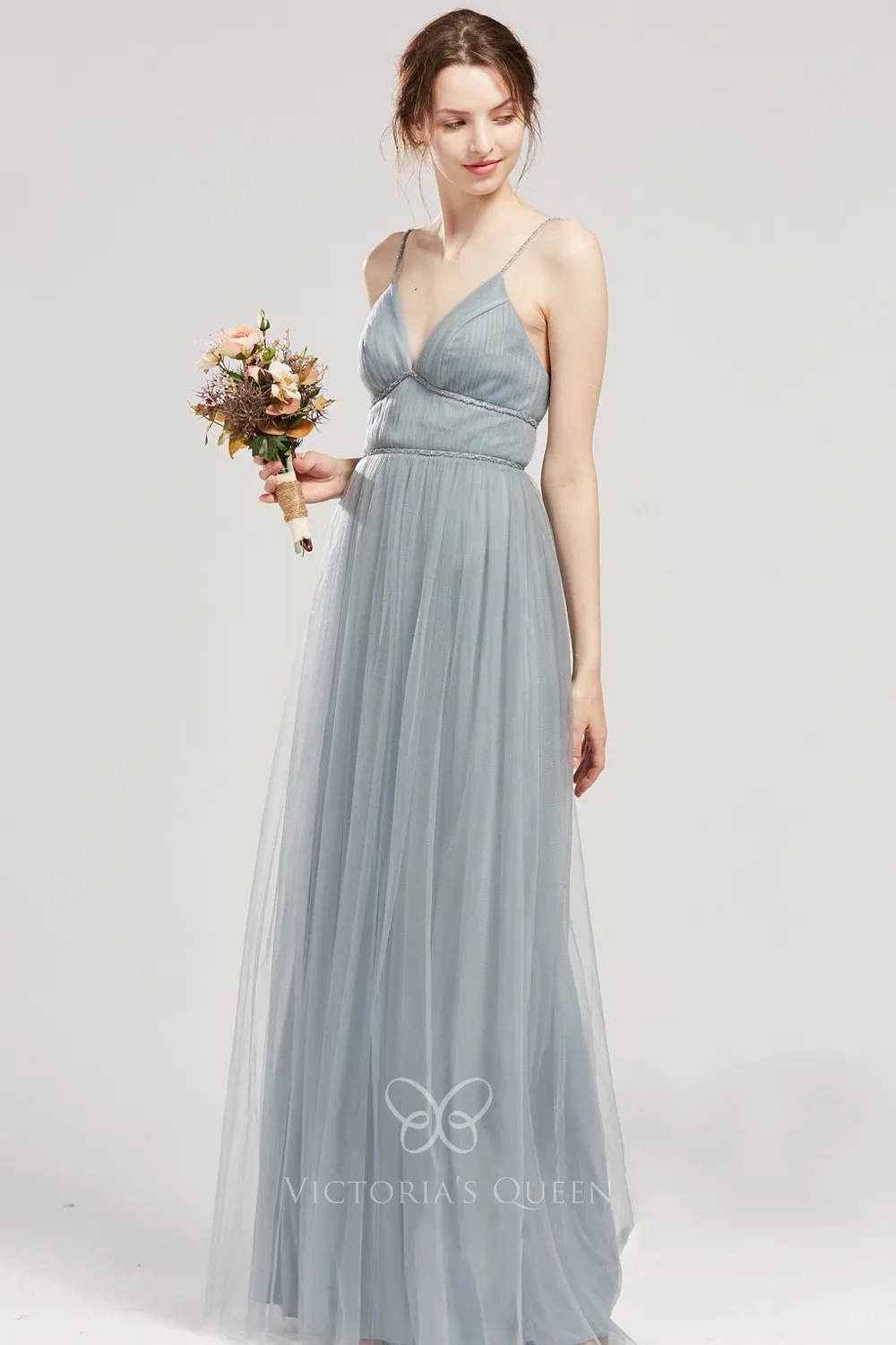 Gorgeous Dusty Blue Beadings Evening Dress With Tulle Overskirt main image 1
