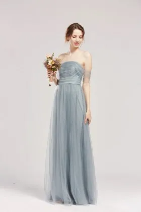 off shoulder dusty blue tulle a line summer bridesmaid dress