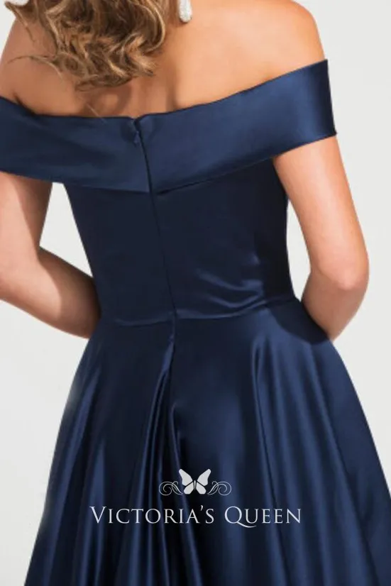 navy satin off the shoulder A line prom dress navy satin off the shoulder A line prom dress